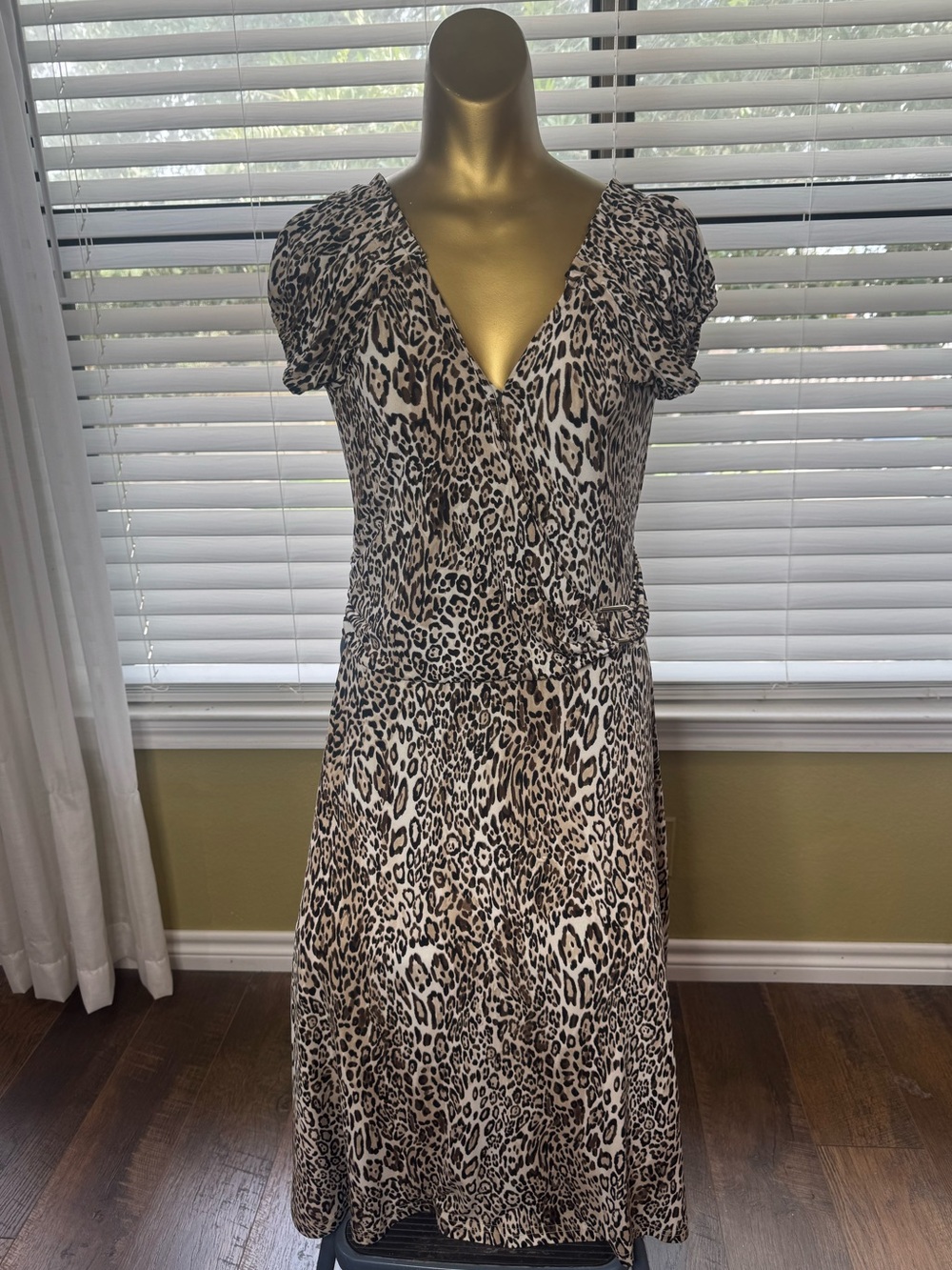 New York & Company Leopard Print Wrap Midi Dress in Brown and Cream